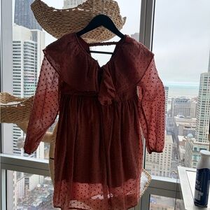 Girls' Rust Dot Swiss Long-Sleeve Dress with Bow